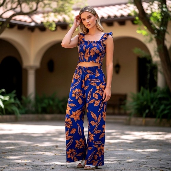 New Blue Orange Tropical Floral Smocked Crop Top Wide Leg Pants Set FY-3276 L/XL - Picture 3 of 14